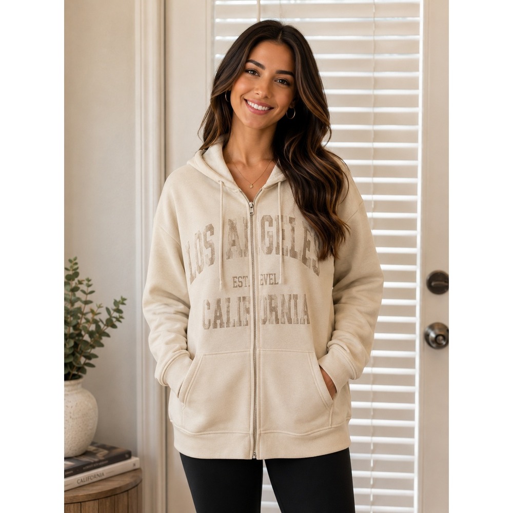 Love Streak Los Angeles California Cream Zip Up Hoodie Sweatshirt Womens 1X